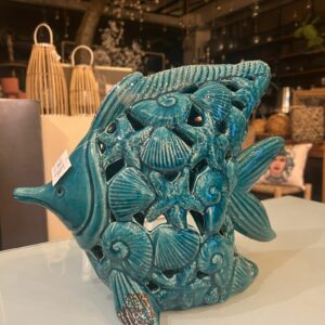 PESCE PORTACANDELA BLU ALTO CON DECORO CONCHGLIA